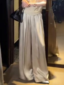 Elegant Champagne Colored Pleated Silk Chiffon Draping Pants Smooth Satin Thin Wide Leg Casual Long Trousers for Women