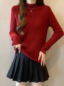 เสื้อสเวตเตอร์ถักคอสูงสีแดง ทรงหลวม แขนยาว ปกติ ฤดูใบไม้ร่วง 2024 เสื้อชั้นในแบบสวมลำลองสำหรับผู้หญิงไซส์ใหญ่