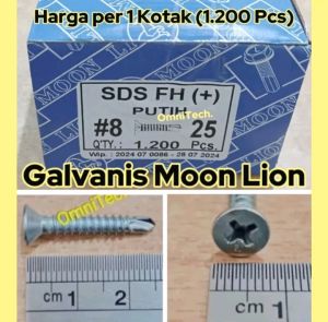 Sekrup Roofing Baja Ringan SDS FH Flat Head Kepala Rata Obeng + 8 x 25 mm 8x25 Moon Lion 25cm Putih