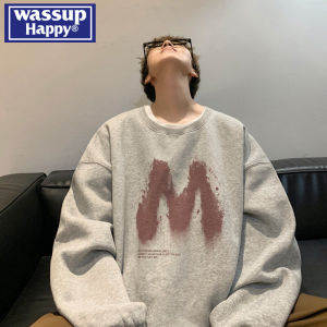 เสื้อสเวตเตอร์คอกลมแขนยาวสไตล์อเมริกันสำหรับผู้ชาย WASSUP HAPPY ทรงหลวม ลำลอง ฤดูใบไม้ผลิและฤดูใบไม้ร่วง