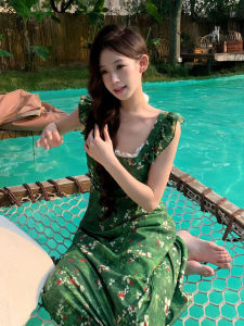 Y6Y | ชุดเดรสยาวลายดอกไม้สีเขียวสไตล์ฝรั่งเศส ช่วงเอวสูง แขนกุด ชุดไปเที่ยวชายหาดในช่วงฤดูร้อนสำหรับผู้หญิง ชุดเดรสยาวทรงเอ