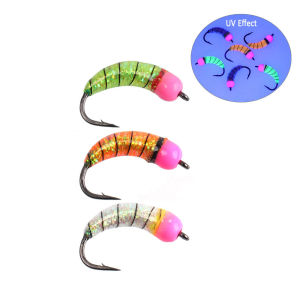 6pcs #6 #8 #10 Fluorescent Brass Bead Head Fast Sink Nymph Scud Bug Worm Fly Caddis Larvae Insect Baits Trout Ice Fishing Lures