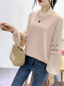 WANGGONGZHU | Lace Splicing Knitted Top Women Spring Autumn 2025 New Design Lantern Sleeve Hollow Out Thin Fashionable Upper Body Round Neck