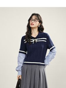 Korean Style College Fashion Striped Splicing Doll Collar Knitted Sweater Women High Waist Slimming Top Sweet Style Long Sleeve