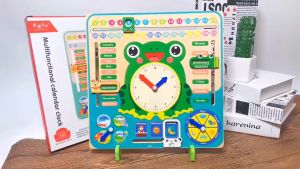 Ezylittles Multi Function Wooden Calendar Clock Children Early Learning Education Toys for Kids Weather Season Date Time