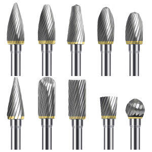 Carbide Rotary Burr Set 10Pcs 1/8" Shank 1/4" Head Length Tungsten Steel for Woodworking Metal Carving Engraving Polishing