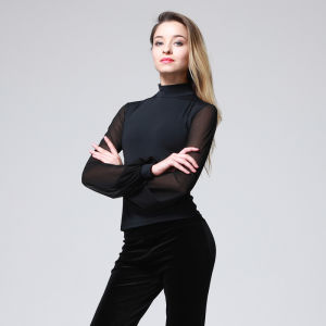 Conny Black Latin Dance Top Mesh Long Sleeve Practice Dancing Performance Costume Womens Standard Dancewear Fitness Sportswear