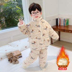 Thickened Flannel Childrens Sleepwear Set Coral Fleece Winter Style Three-layer Cotton Boy Girl Baby Home Clothes Ensemble