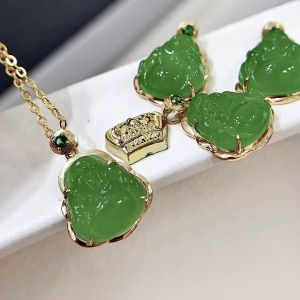 Montagne Jewelry 18K Pure Gold necklace for women Green Gem Inset Design 19x12mm Fine Jewellery Natural Grade A Green Jade Pendant
