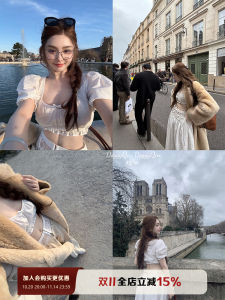 DOGGYQIN Spring 2025 Womens Fashion Embroidered Half-length Skirt Set with Bubble Sleeves Large U-neck Summer Butterfly Knot