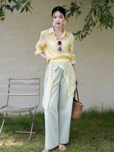 BINKAFENNY | French Style Yellow Polo Collar Lace Splicing Womens Shirt Beautiful Design Early Autumn New Style Loose Fit Long Sleeve Pure Color