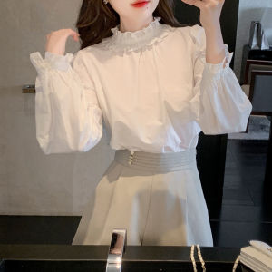 WANGGONGZHU | เสื้อเชิ้ตแขนยาวสีขาวหลวมๆ สำหรับผู้หญิง ดีไซน์สไตล์เกาหลี ปี 2025 ทรงหลวมๆ แขนพอง คอตั้ง ปกติ