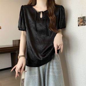 plus Size Womens Short Sleeve Shirt Traditional Chinese Embroidery High Waist Button up Summer Fashionable Casual Top