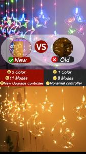 2025 Lampu Hias Natal Lampu Kelap Kelip Lampu Hias 11modes Lampu Led 4Meter Lampu Hias Lampu Kelap Kelip Lampu Tirai Bintang Bulan Waterproof Lampu Kamar Aesthetic Lampu Hias Kamar with EU Plug