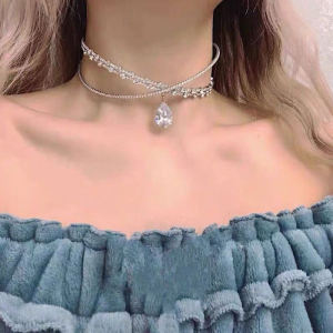 Korean Style Sparkling Water Diamond Necklace Bridal Accessory Womens Fashionable Two-In-One Choker Necklace Fresh out