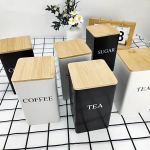 Coffee Tea Sugar Canister with Bamboo Lid Kitchen Canister Set Metal Food Storage Container Jar Tin