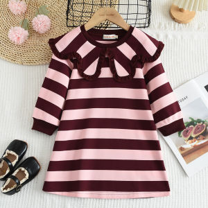Bear Leader Korean Version Dress for Baby Girls 3 to 7 Years New Spring Stripe Print Classic Casual Dresses Autumn Patchwork Lace Lapel Kids Clothes Plain Long Sleeved Christmas Girls Clothing Outfits