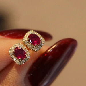 Huitan Đỏ Đính Đá Cubic Zirconia Bông Tai Màu Vàng Nữ Trang Sức Thời Trang Đa Năng Cưới Phụ Kiện Tai