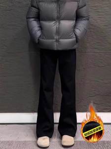 American High Street Vibe Black Fleece Lined Slim Fit Straight Leg Jeans Youth Casual Winter Warm Thickened Straight Tube Pants