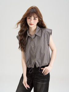 SHANGWEILUO | Áo Sơ Mi Nữ Họa Tiết Caro Phong Cách Retro Dáng Rộng Không Tay