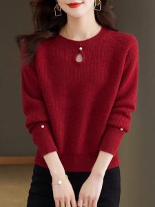 เสื้อสเวตเตอร์ถักสั้นผู้หญิงฤดูใบไม้ผลิและฤดูใบไม้ร่วง เสื้อชั้นในสีแดงเอวสูง เสื้อคลุมกันหนาวแบบสวมหัว ทรงหลวม ปกคอกลม