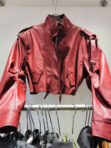 High-End European Station Retro Show White and Red Outwear Womens Short Fashionable Chic Loose Easiest for Match Autumn New Leather Coat