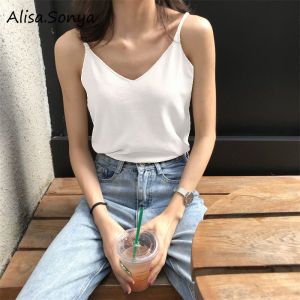 Alisa.Sonya Korean Style Womens Sleeveless V Neck Camisole Vest Summer Fall Knitted Loose Cami Tank Tops