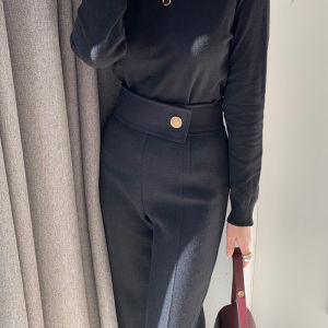 กางเกงขายาวทรงตรงเอวสูงสีขาวน้ำตาล กางเกงขายาวทรงตรงผ้าขนสัตว์สำหรับผู้หญิง กางเกงขายาวทรงขากว้างฤดูใบไม้ร่วง/ฤดูหนาว