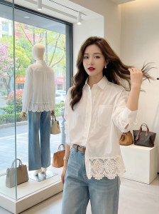 Moxueer | Áo Blouse Dài Tay Trắng Thêu Ren Plus Size Mùa Thu