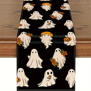1Pc Halloween Themed Table Runner with Cute Ghost and Flower Pattern Suitable for Party Restaurant Home Market Holiday Decoration Scene.