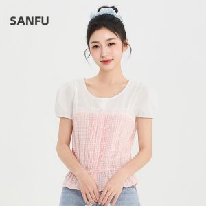 SANFU | Elegant Lace Patchwork Two-Piece Illusion Short Sleeve Blouse