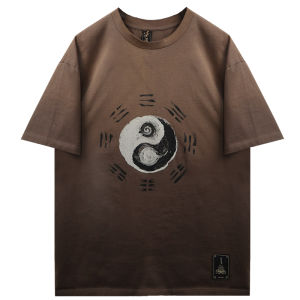 ไทเก็ก งานปัก หลวม เสื้อยืดแขนสั้นผ้าฝ้ายรอบคอแฟชั่นฤดูร้อนย้อนยุคสไตล์จีนเยาวชนวัฒนธรรมป๊อปสวมใส่สบายๆ