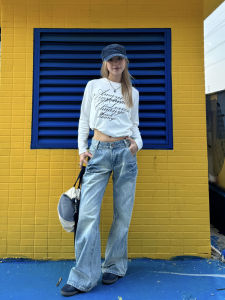 กางเกงยีนส์ทรงหลวมเอวต่ำสไตล์อเมริกันสำหรับผู้หญิง กางเกงขายาวทรงขาบานแบบลำลอง สไตล์ย้อนยุค ฤดูใบไม้ผลิ 2024