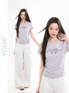 YOUXIANG | Áo Thun In Chữ Tím Ôm Sát & Nâng Cao Vai