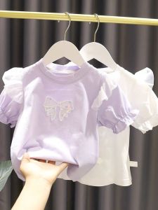Girls Cotton T-Shirt Short Sleeve Mesh Butterfly Knot Top Lightweight Breathable Summer Outfit Sweet Style Infant Clothing