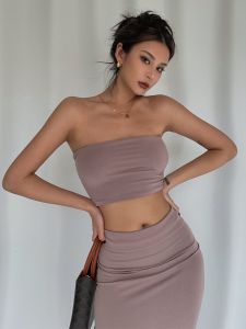 เซ็กซี่ Kardashian ยืดได้ Tube เสื้อท่อนบน และครึ่ง กระโปรง ชุดสองชิ้น Super Body-Shaping Base Layer Jacket ร้อน เด็กผู้หญิง ชุด