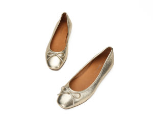 Spring Summer New Soft Cowhide Gold Silver Square Head Slip-On Flat Bottom Ballet Flats Real Leather Womens Shoes Butterfly Knot