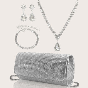 Sophisticated and elegant sparkly party clutches and wallets paired with luxe rhinestone necklace earrings and bracelet sets.