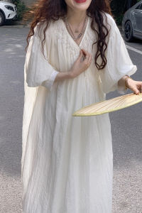 Elegant White Summer Dress Womens Fashion Unique Beautiful French Style Early Autumn Outfit Gentle V-neck Bubble Sleeve Long Skirt