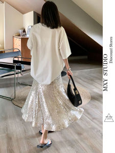 Ma Xiaoye Korean Style Sequin Skirt Womens Shiny Skirt Spring and Summer Shiny Crystal Heavy Industry Mermaid Dress Fancy Long Skirt