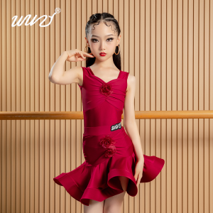 WuZhi Latin Dance Practice Suit Childrens Performance Costume Summer Show Separate Body Dance Outfit Short Sleeve for Girls