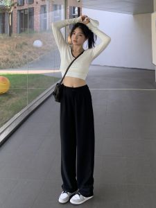 กางเกงขายาวทรงหลวมสีดำ ทรงสลิมฟิต กางเกงขายาวทรงตรงเอวสูง กางเกงขายาวทรงเดรสสำหรับผู้หญิงในฤดูใบไม้ผลิและฤดูใบไม้ร่วง