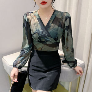 Yimei áo in da báo cổ điển áo quần áo chống nắng lưới cổ chữ V gợi cảm 2023 Áo Thun Nữ Tay áo dài bong bóng Hàn Quốc mới