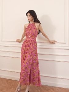 French Original Tea Time Elegant Holiday Halter Dress Floral