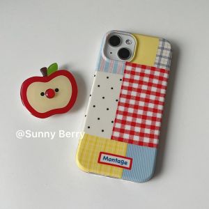 Cute Patchwork Polka Dot Stripe Red Apple Stand Compatible with Apple 16Pro iPhone 15Promax/14Pro/12/13 Protective Case Shockproof