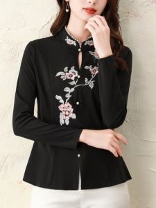 Áo Thun Dệt Kim Dài Tay Thêu Cổ Đứng Cho Nữ Áo Sơ Mi Cơ Bản Thời Trang Thu Đông Mới Áo Thun Cotton Dáng Ôm Cổ Vuông