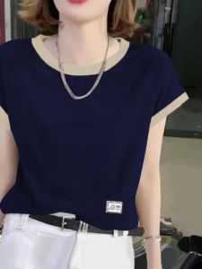 Pure Cotton Fashion Patchwork Contrast Color Short Sleeve T-Shirt Womens Summer Loose Tummy Hiding Slimming Plus Size Plus Size Ladies Anti-Aging Top Fashion