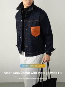 PERDONTOO | Luxury Vintage Deep Blue Denim Jacket with Leather Patches and Visible Stitching