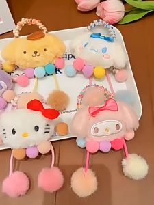 Kawaii Sanrio Plush Hair Rope Cinnamoroll Hello Kitty Hair Tie Girls Plush Ball Head Rope Cute Cartoon Rubber Band Hair Accessories Kids Toys