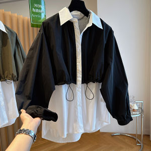Brand Discount Cut Label Export Spring and Autumn Fake Two-Piece Long Sleeve Shirt Coat Female Stylish Contrast Color Patchwork Top Tide